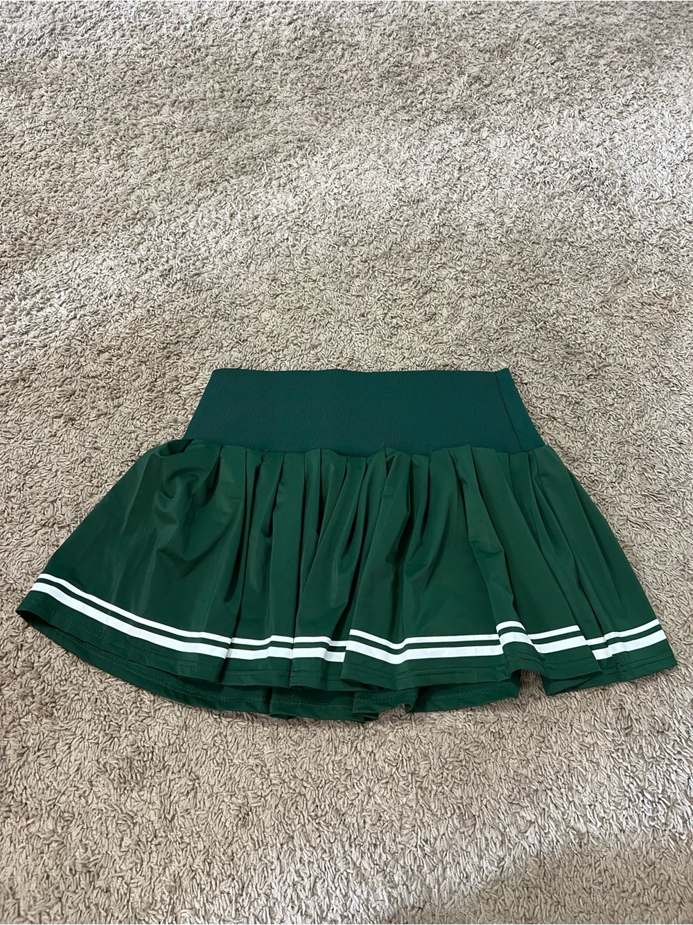 High-Waist Dark Green Pleated Mini Skirt with White Hem Stripes